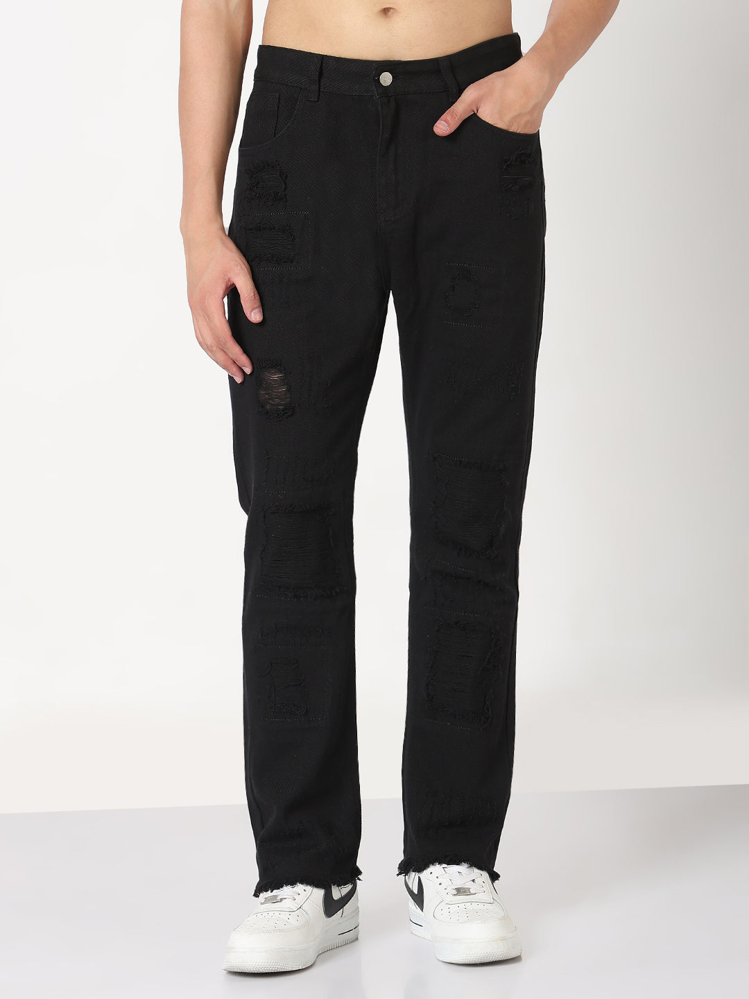 Men's Black Distressed Slim Fit Jeans