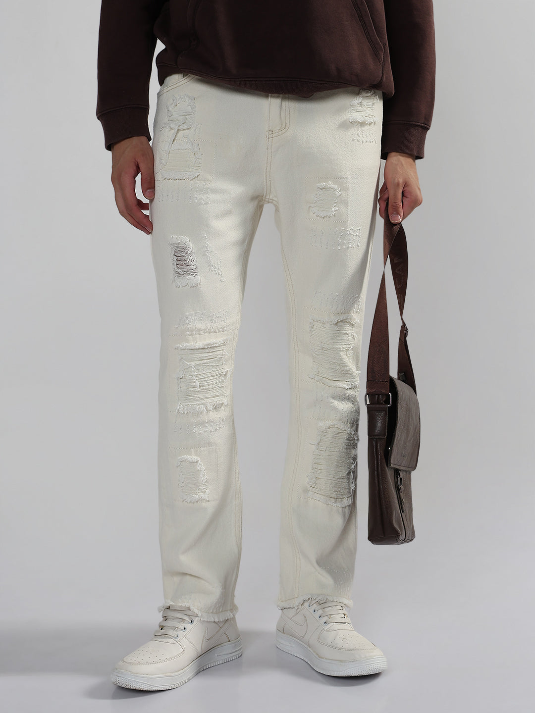 Men's White Slim Fit Distressed Jeans