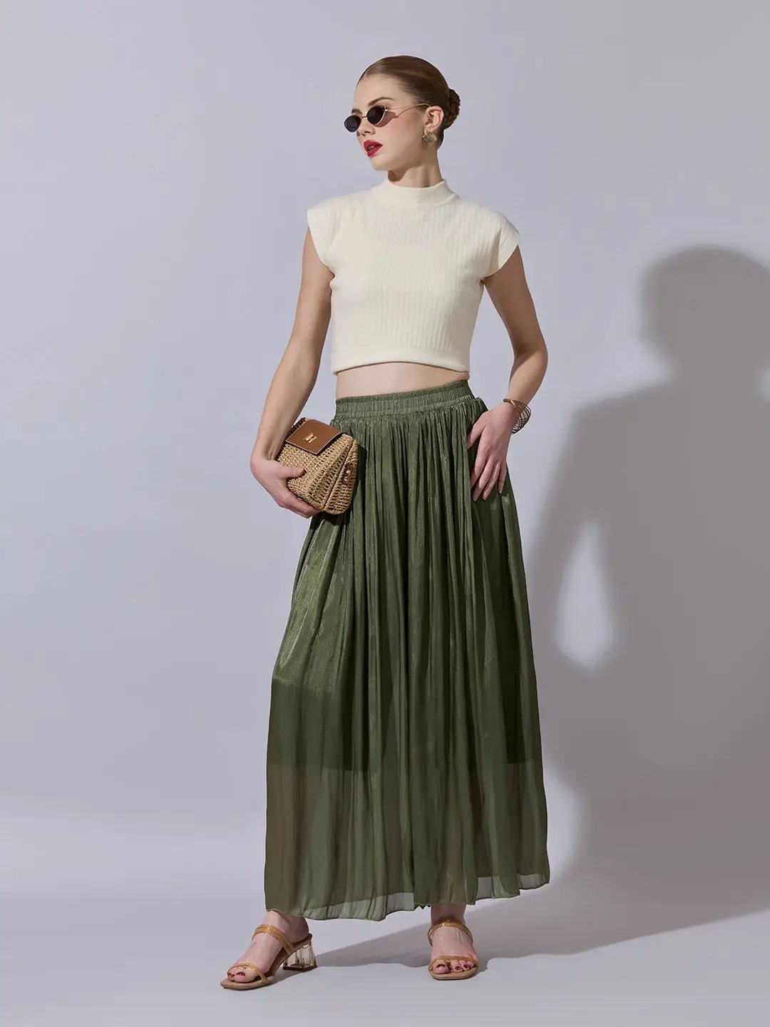 Women's Green Sheer Wide-Leg Palazzo Pants