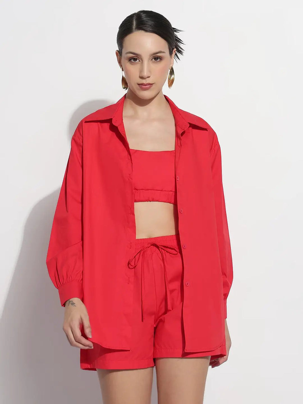 Women's Red Crop Top with Oversized Shirt and Shorts Co-ord Set