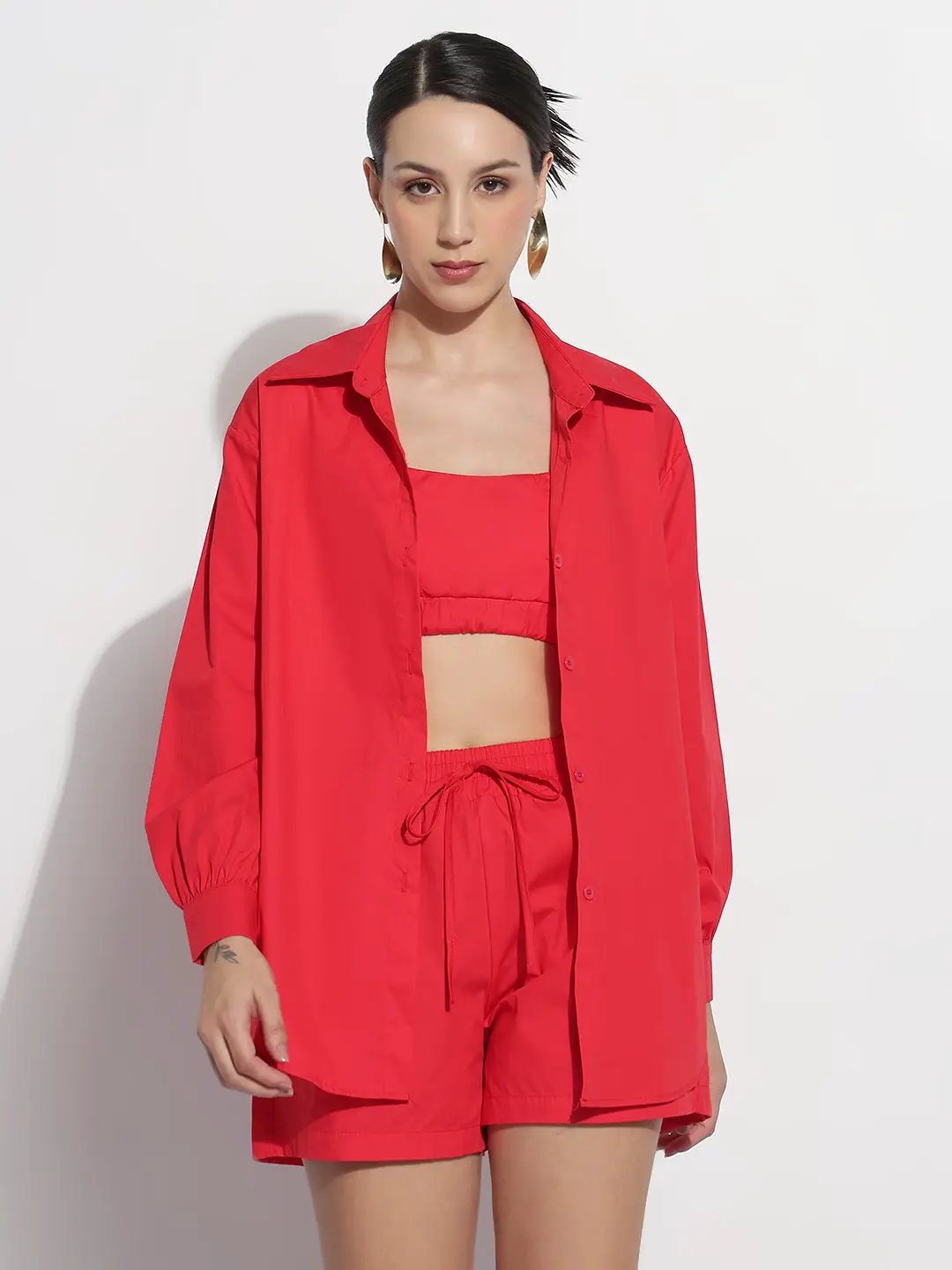 Women's Red Crop Top with Oversized Shirt and Shorts Co-ord Set