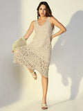 Women's Cream Solid A-Line Crochet Dress