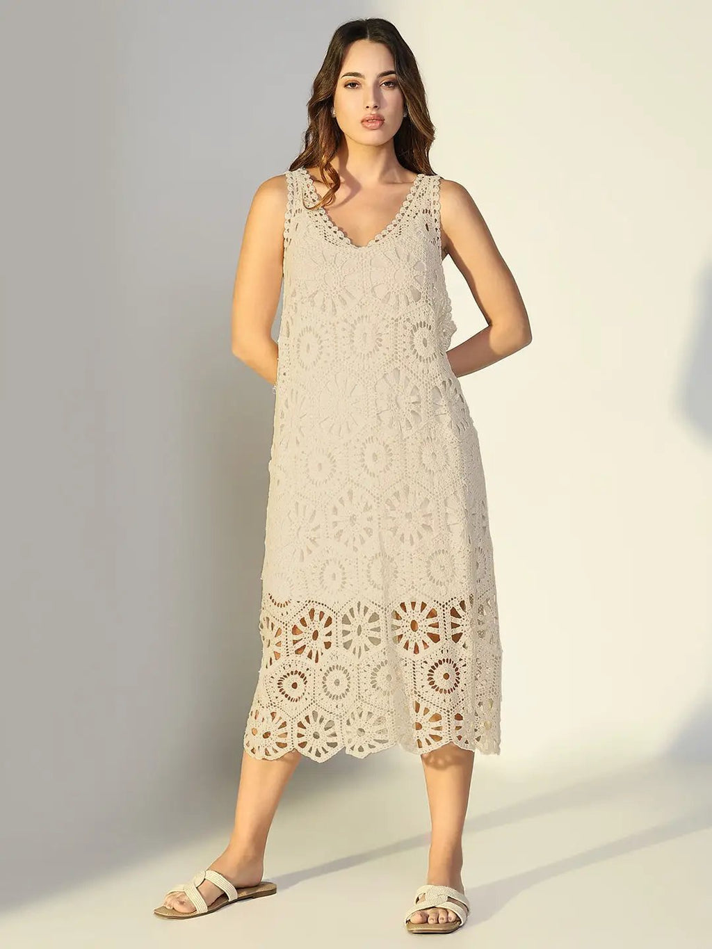 Women's Cream Solid A-Line Crochet Dress