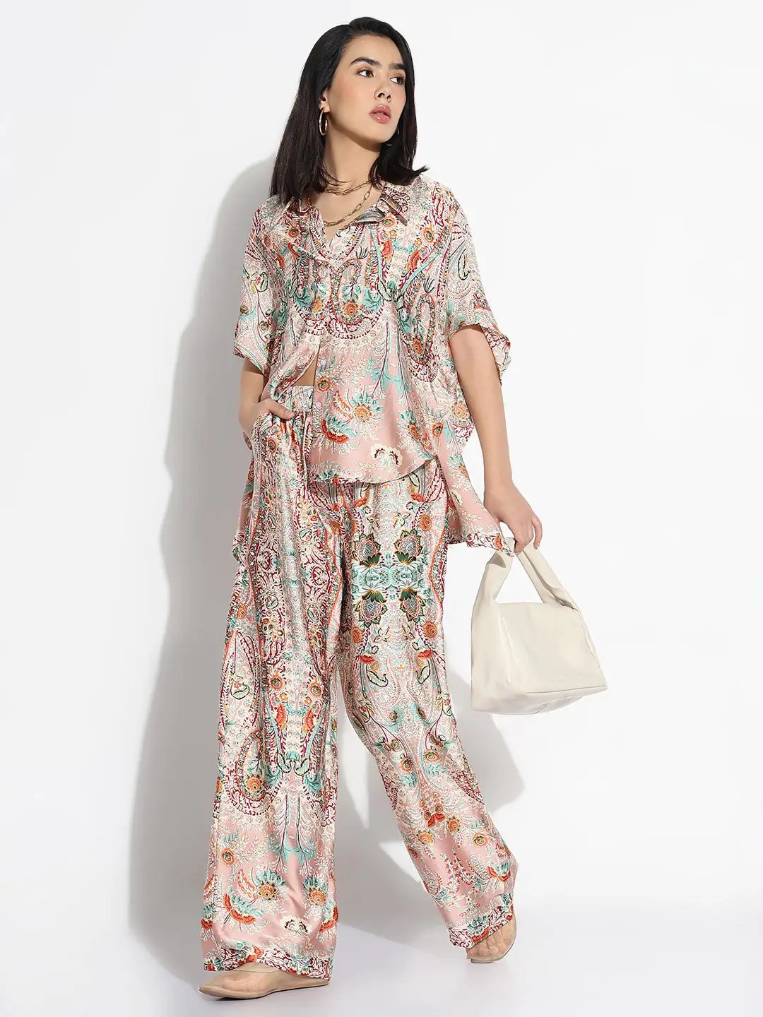 Women's Pink Printed Asymmetric Co-ords Set