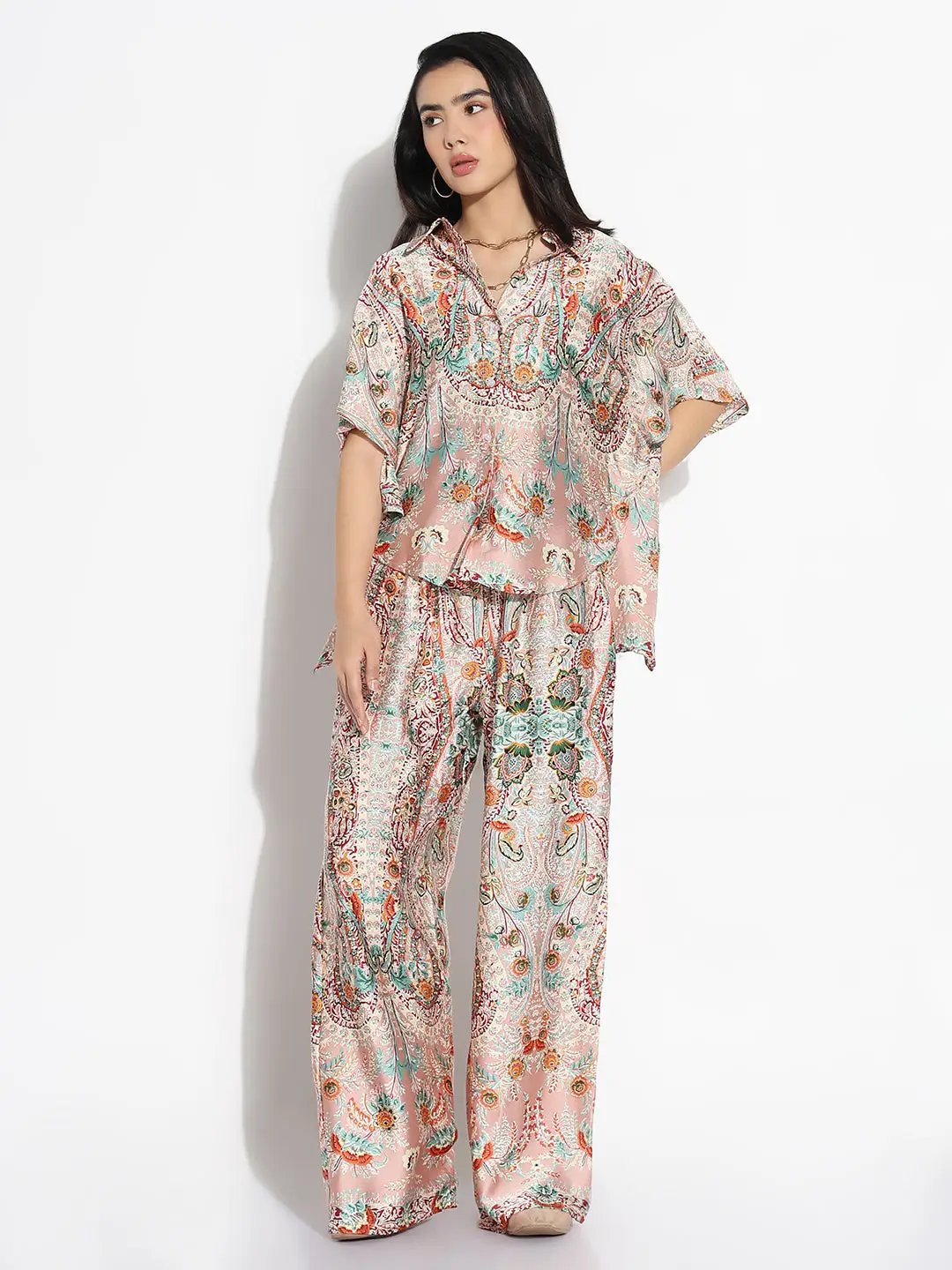 Women's Pink Printed Asymmetric Co-ords Set