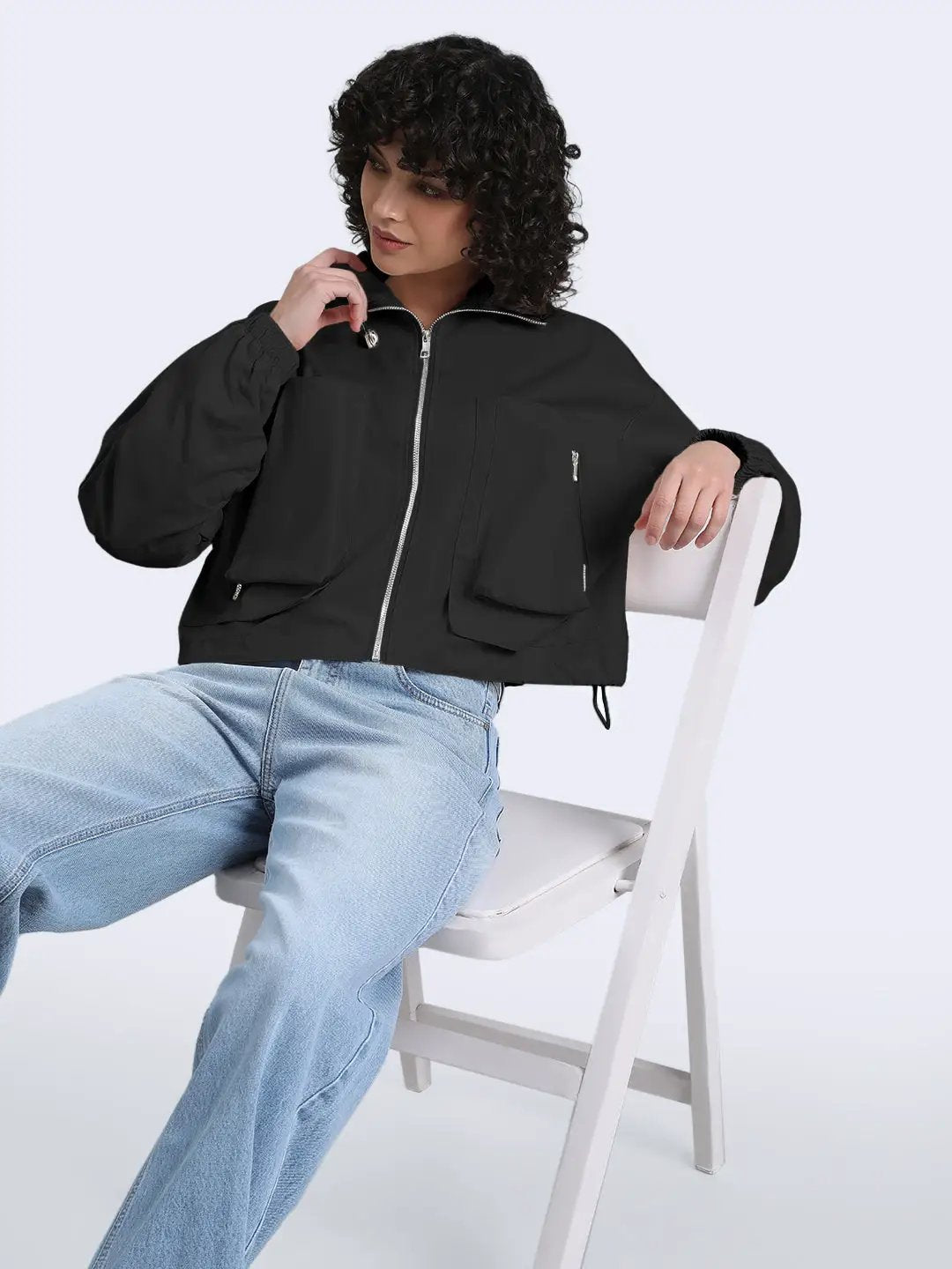 Women's Black Bomber Zipper Jacket with Utility Pockets