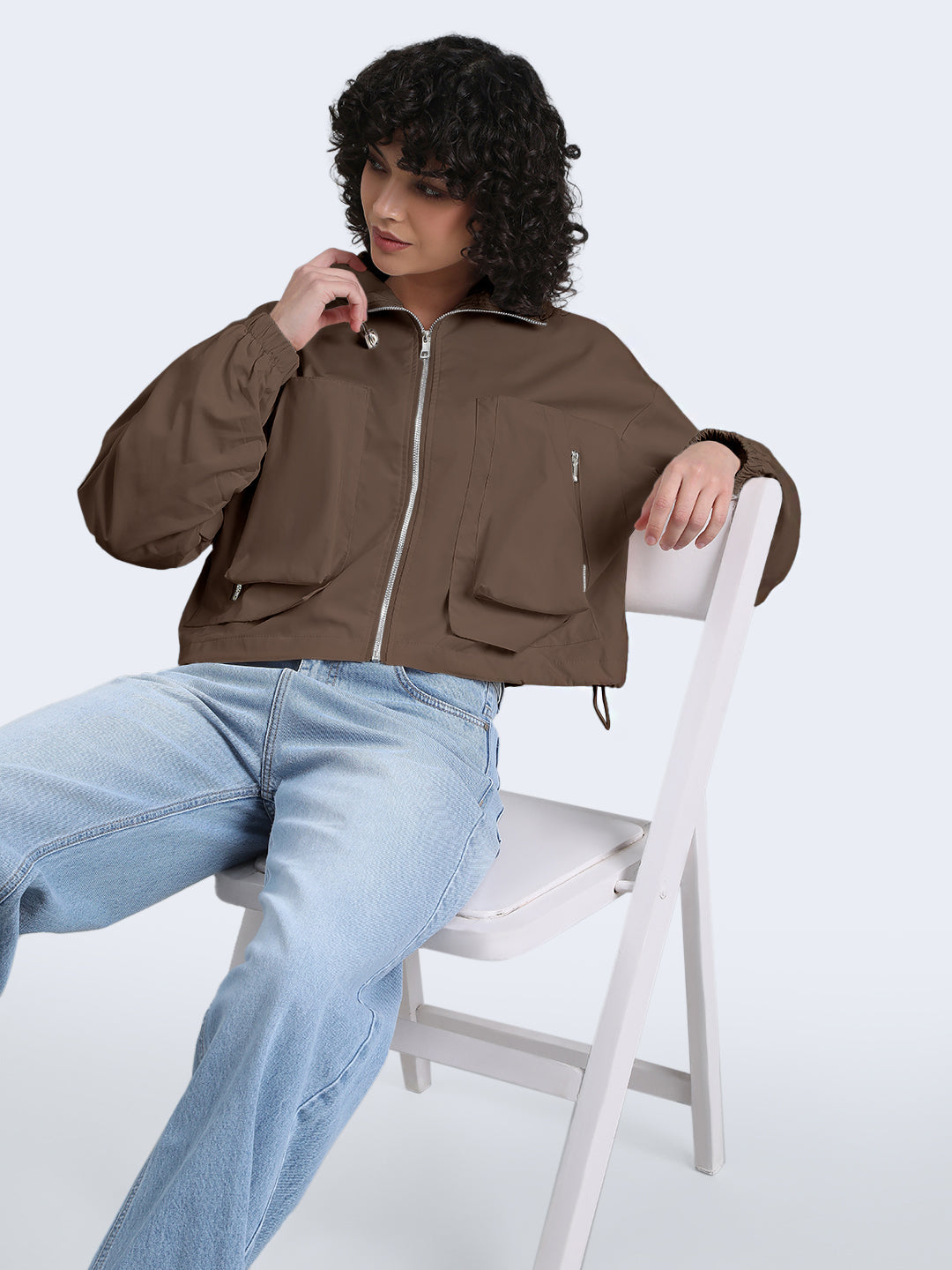 Women's Brown Bomber Zipper Jacket with Utility Pockets