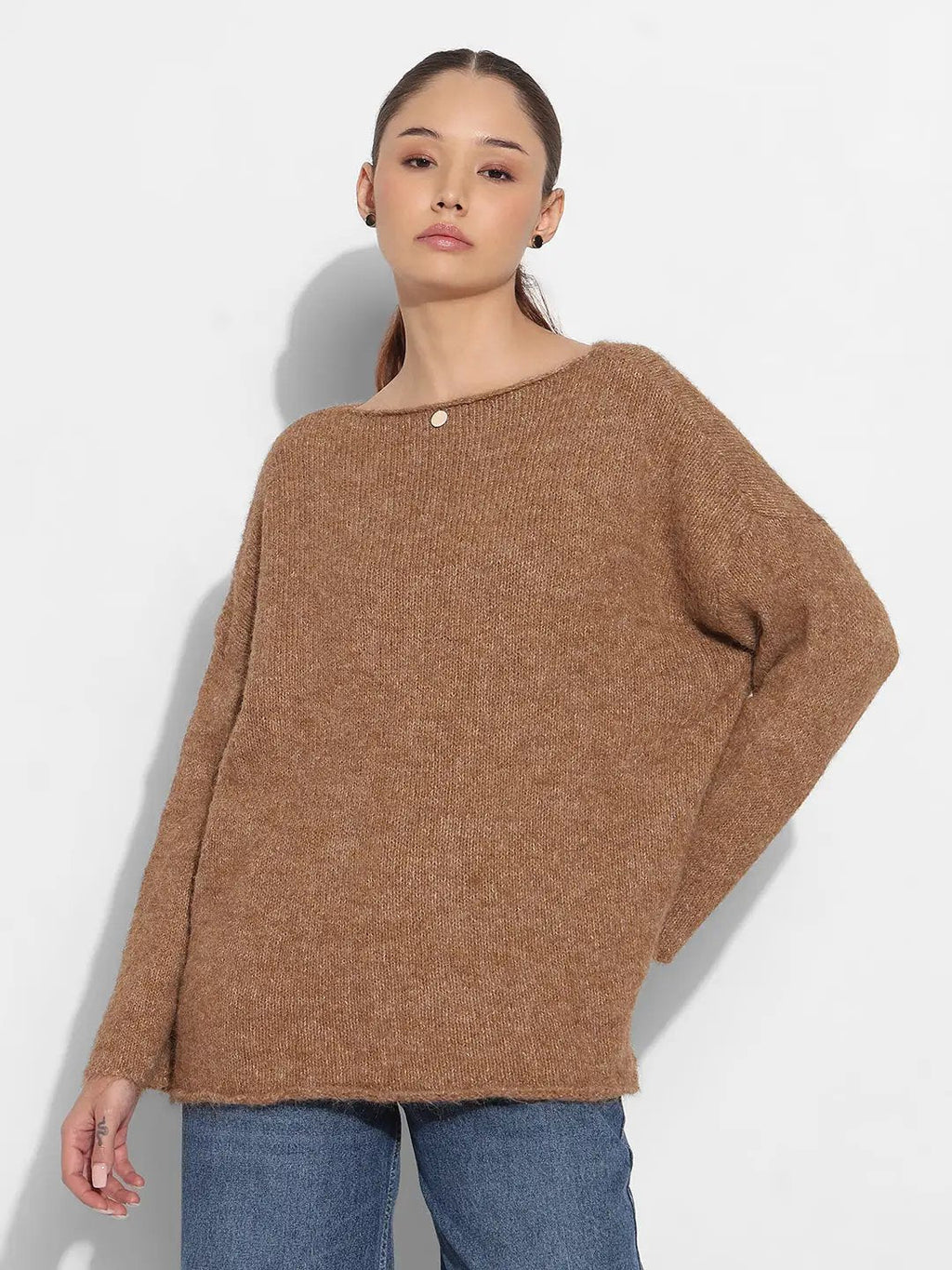 Women's Knitted Brown Oversized Pullover Top