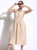 Women's Beige Knot Neck Dress with Waist Tie