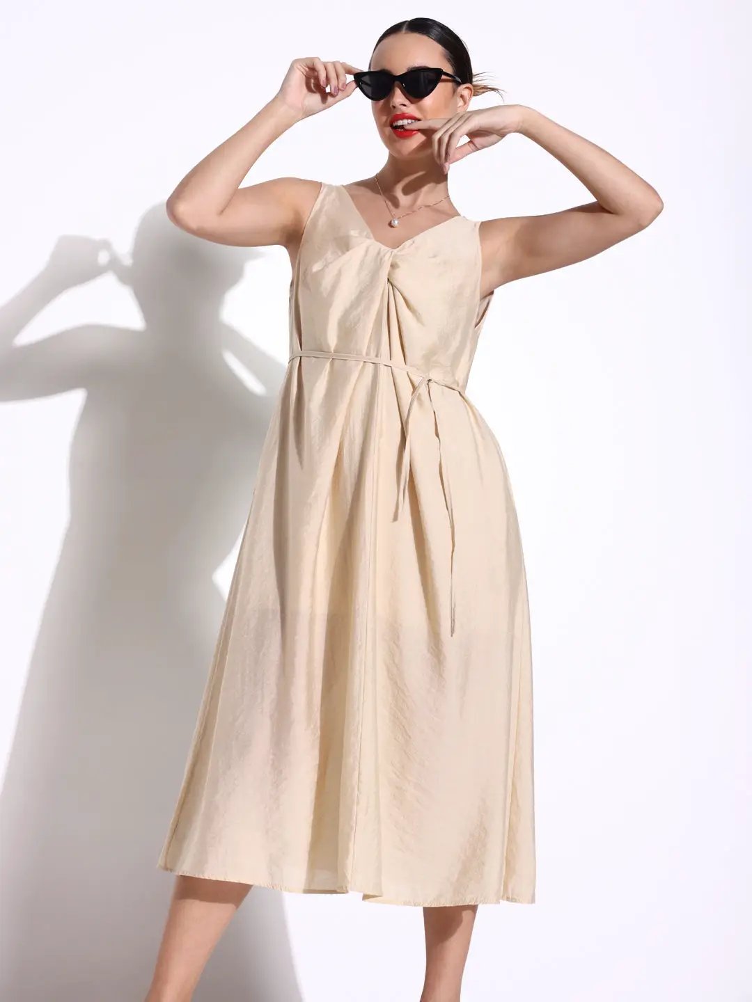 Women's Beige Knot Neck Dress with Waist Tie