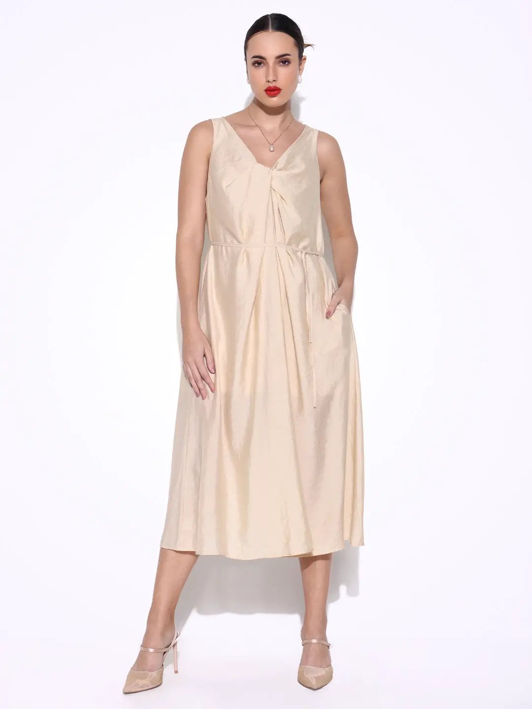 Women's Beige Knot Neck Dress with Waist Tie