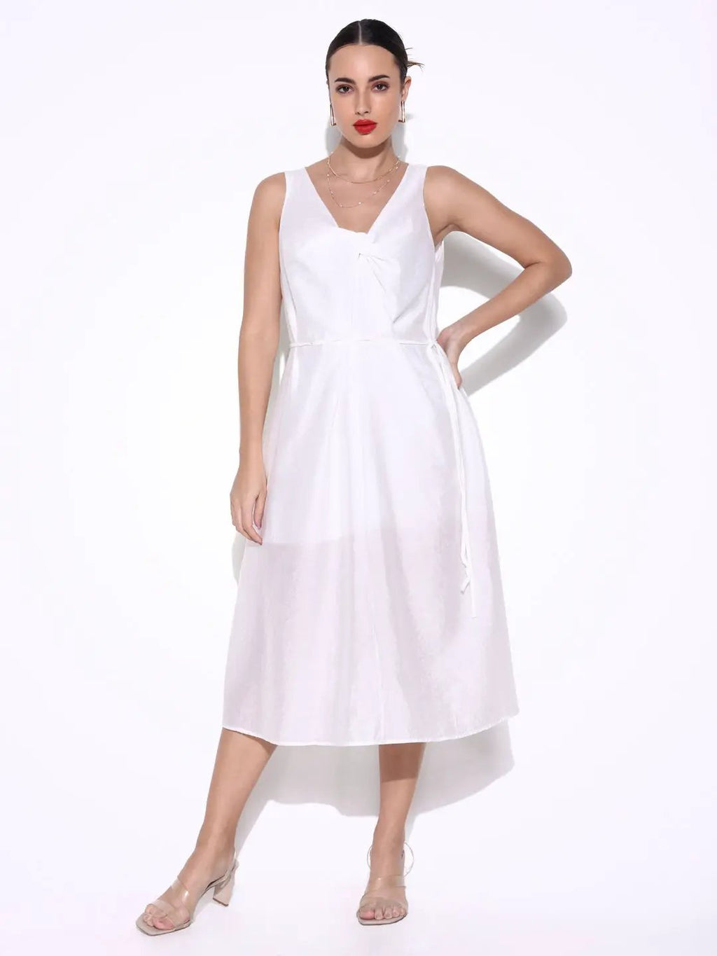 Women's White Knot Neck Dress with Waist Tie
