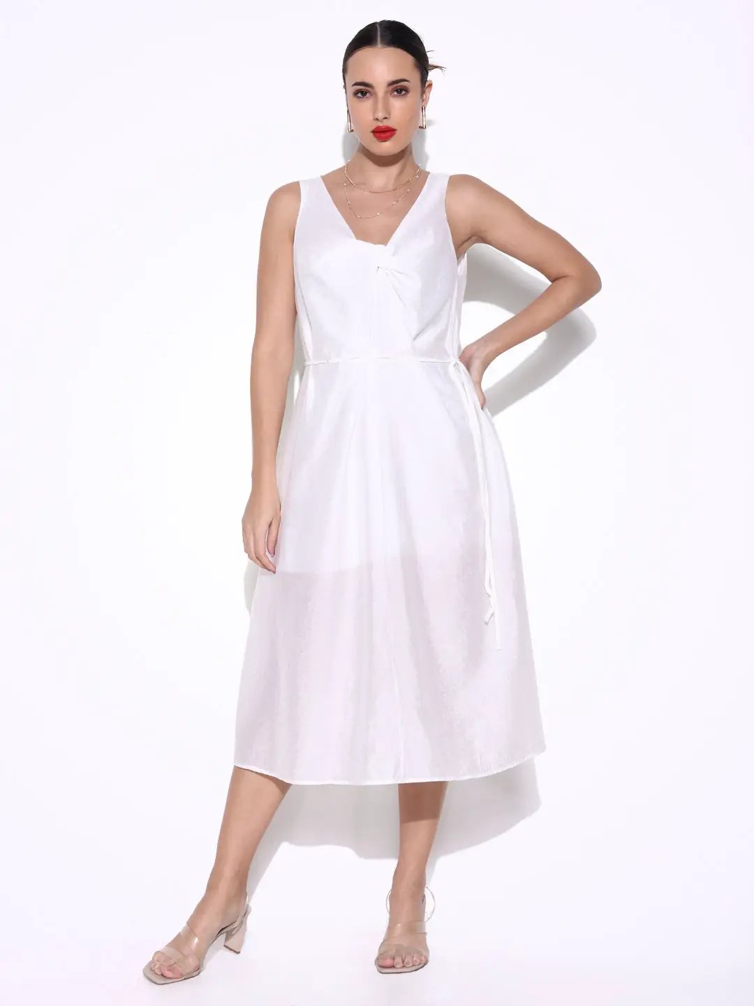 Women's White Knot Neck Dress with Waist Tie
