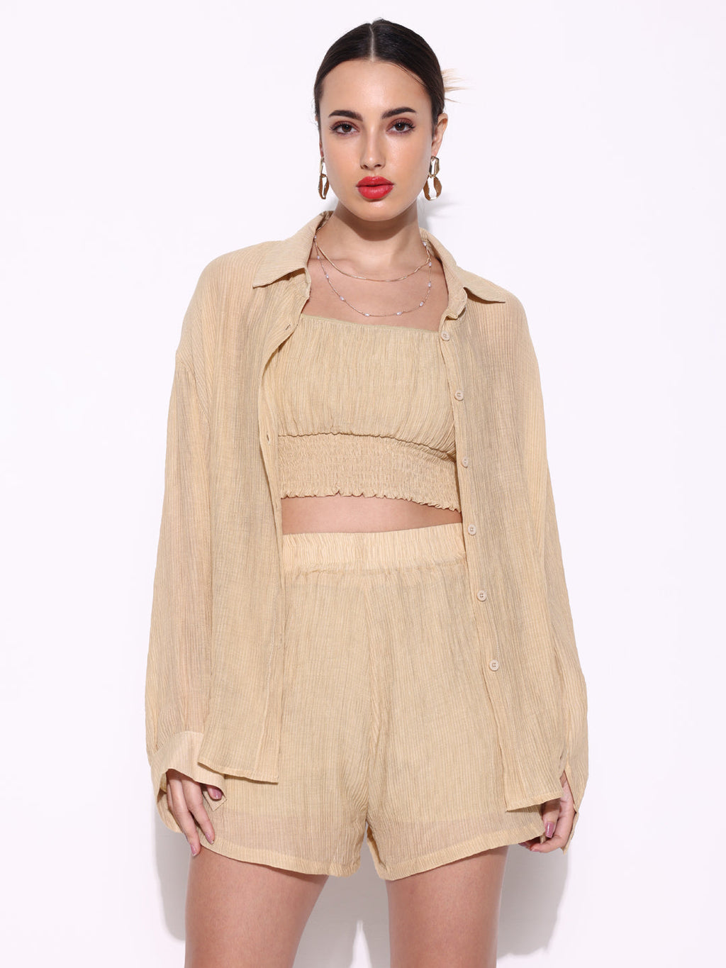 Women's Textured Beige Co-Ords Set with Shirt
