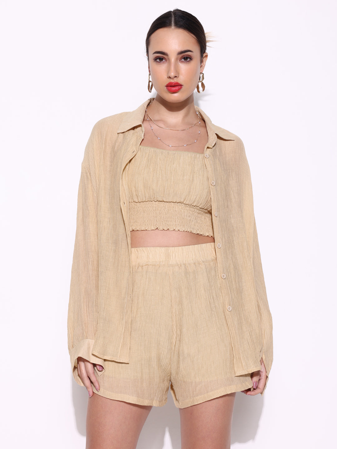 Women's Textured Beige Co-Ords Set with Shirt