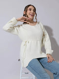 Women's Knitted Off White V-Neck Top with Tie-Up Belt