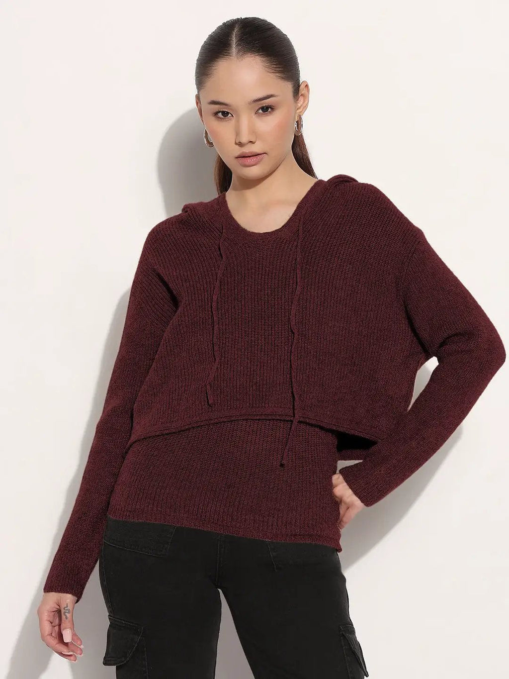 Women's Knitted Burgundy Layered Tank Top with Hooded Sweater