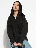Women's Oversized Black Solid Self Design Schiffli Shirt