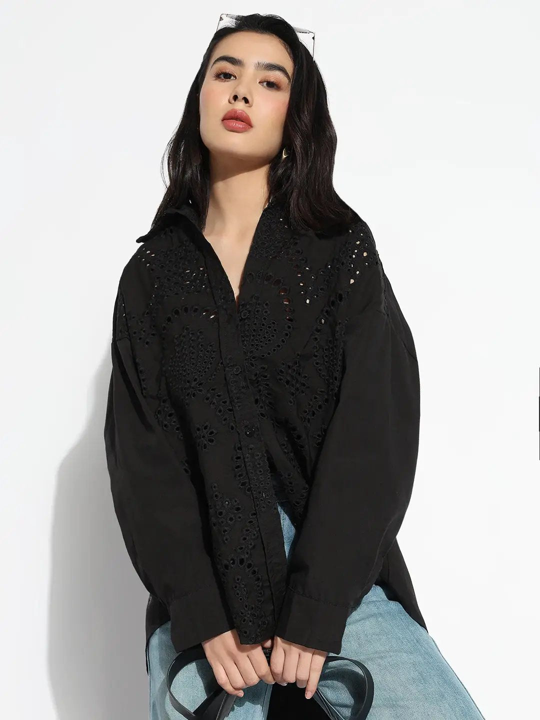 Women's Oversized Black Solid Self Design Schiffli Shirt