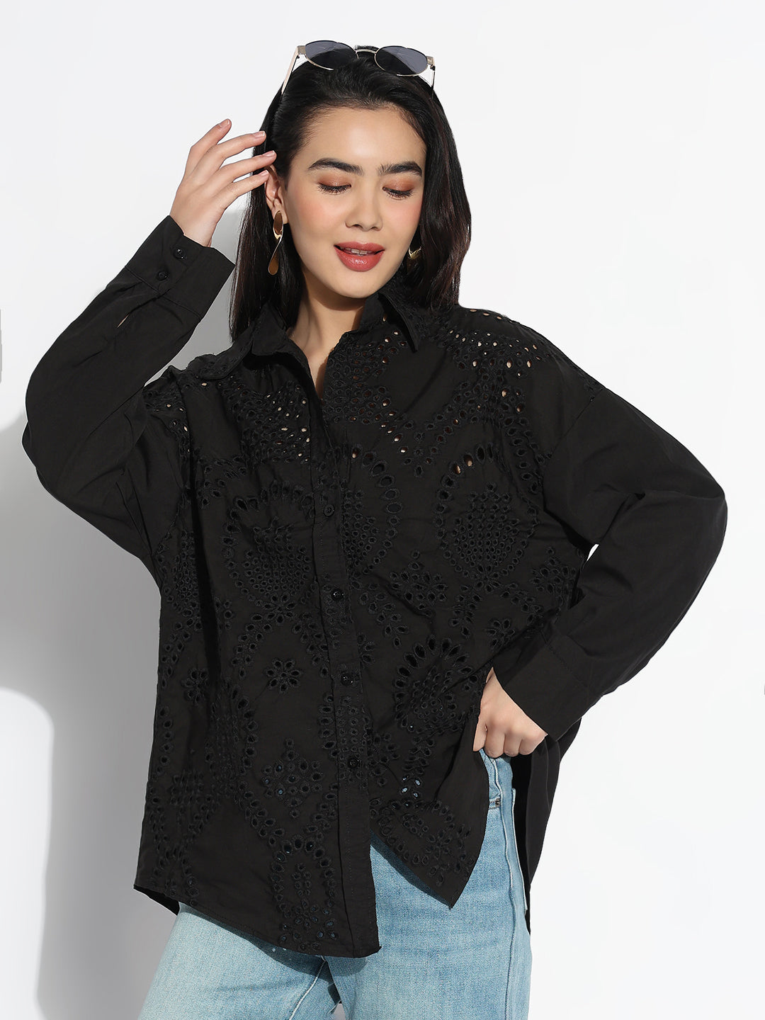 Women's Oversized Black Solid Self Design Schiffli Shirt