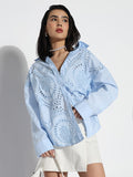 Women's Oversized Blue Solid Self Design Schiffli Shirt