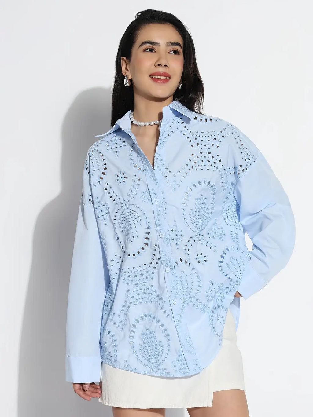 Women's Oversized Blue Solid Self Design Schiffli Shirt
