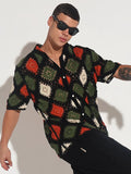 Men's Black Crochet Knit Short Sleeve Button-Down Shirt