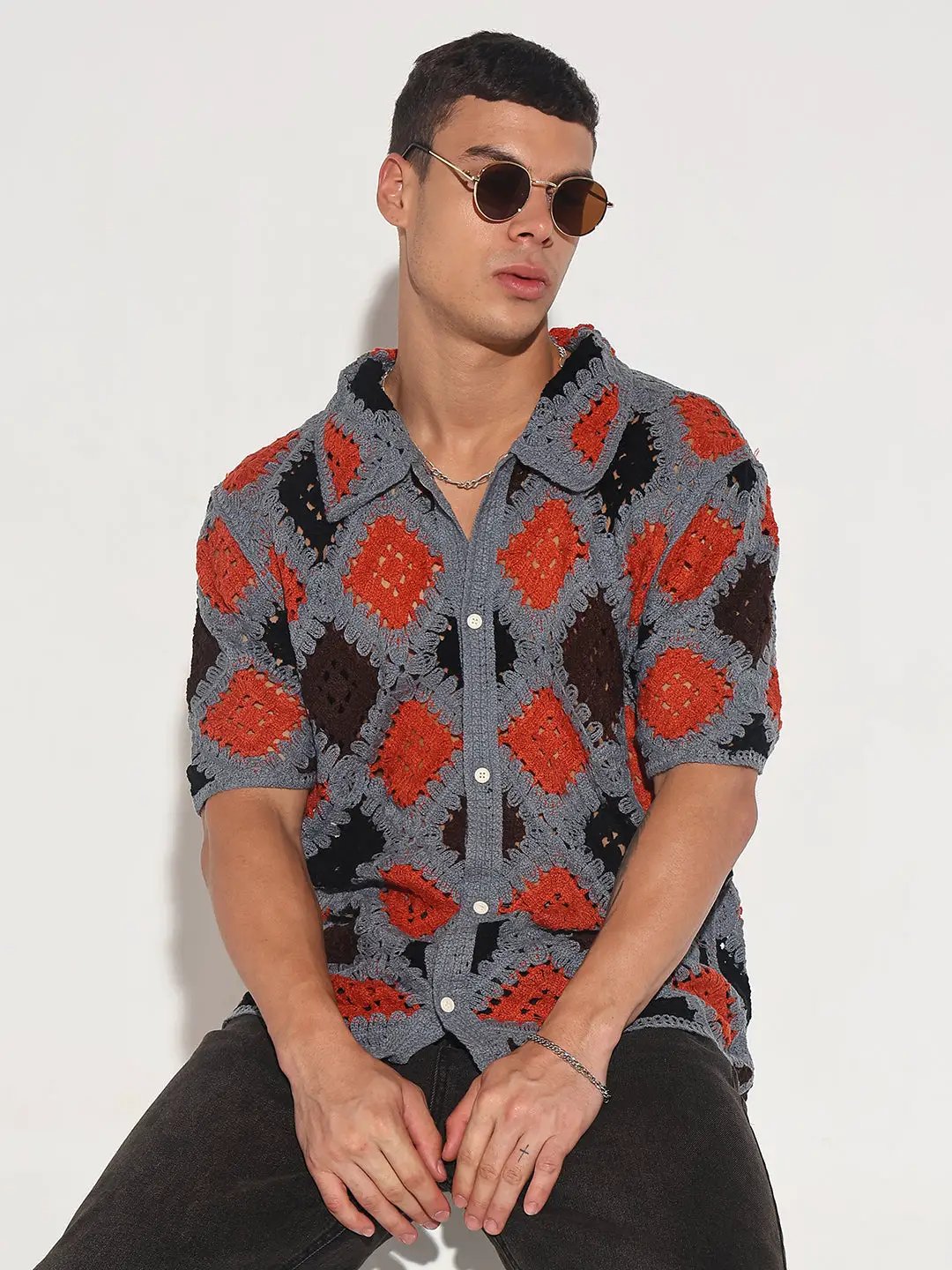 Men's Grey Crochet Knit Short Sleeve Button-Down Shirt