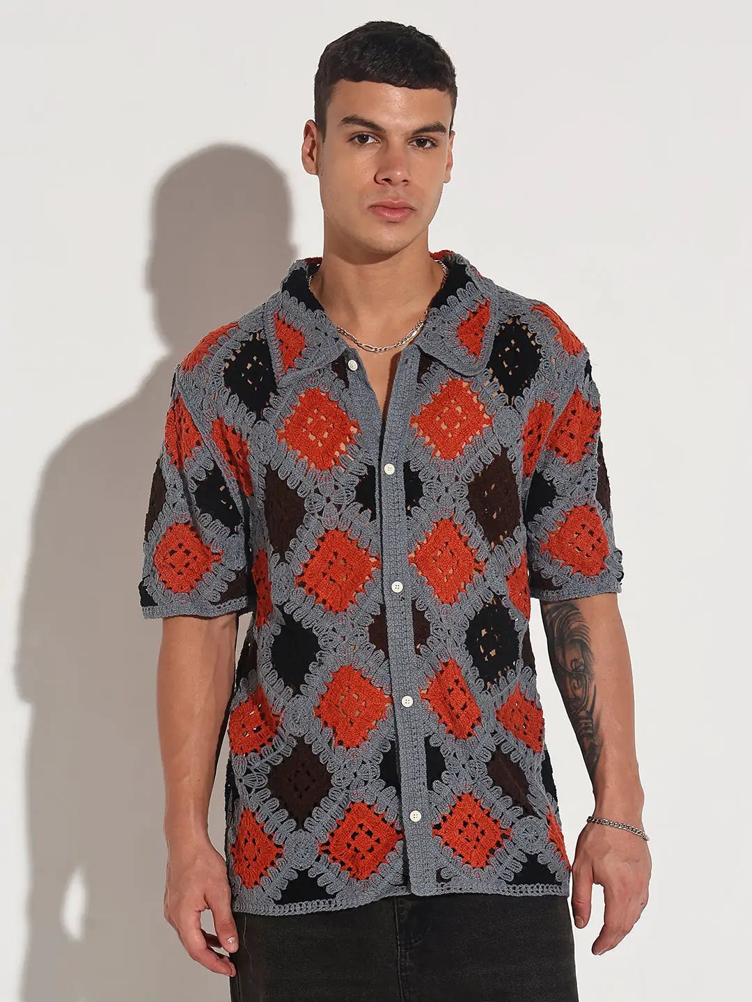 Men's Grey Crochet Knit Short Sleeve Button-Down Shirt