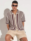 Men's Maroon Crochet Knit Short Sleeve Button-Down Shirt