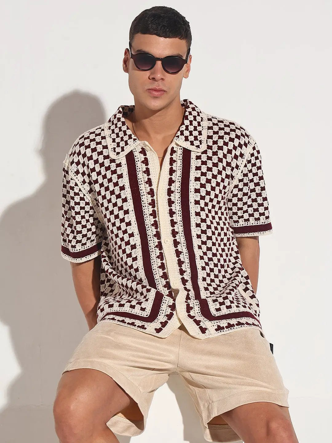 Men's Maroon Crochet Knit Short Sleeve Button-Down Shirt