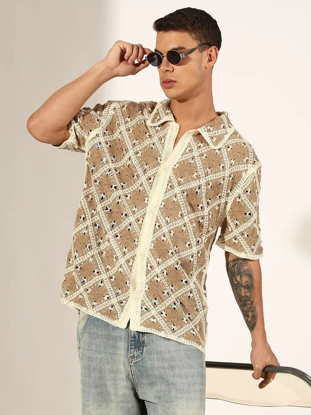 Men's Beige Crochet Knit Short Sleeve Button-Down Shirt