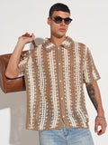 Men's Striped Beige Crochet Open Knit Short Sleeve Shirt