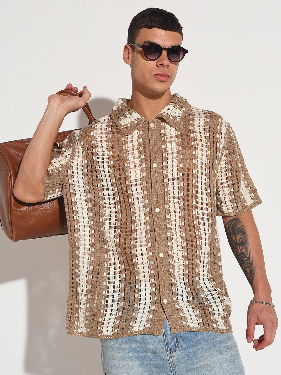 Men's Striped Beige Crochet Open Knit Short Sleeve Shirt