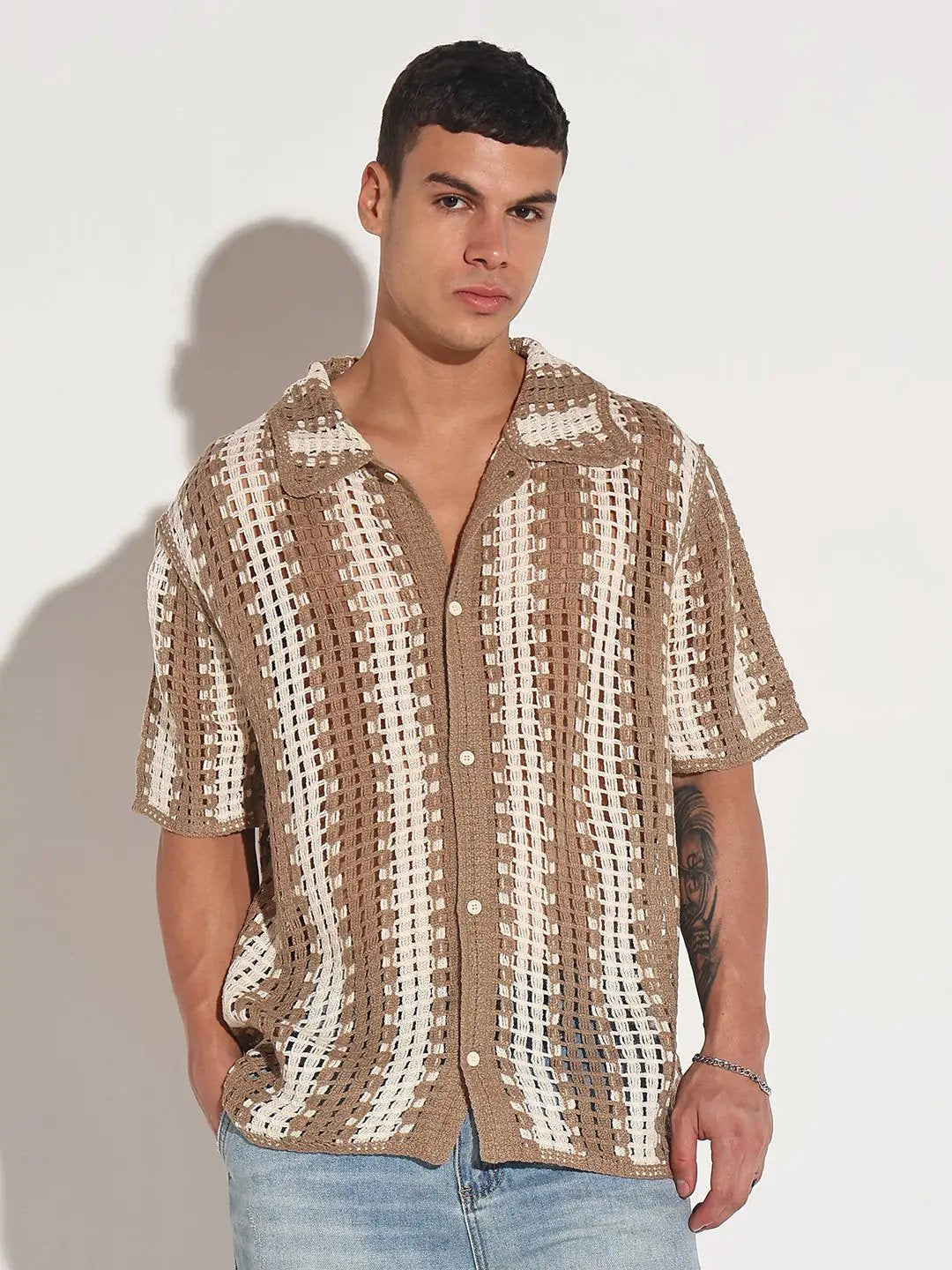 Men's Striped Beige Crochet Open Knit Short Sleeve Shirt