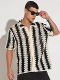 Men's Striped Black Crochet Open Knit Short Sleeve Shirt
