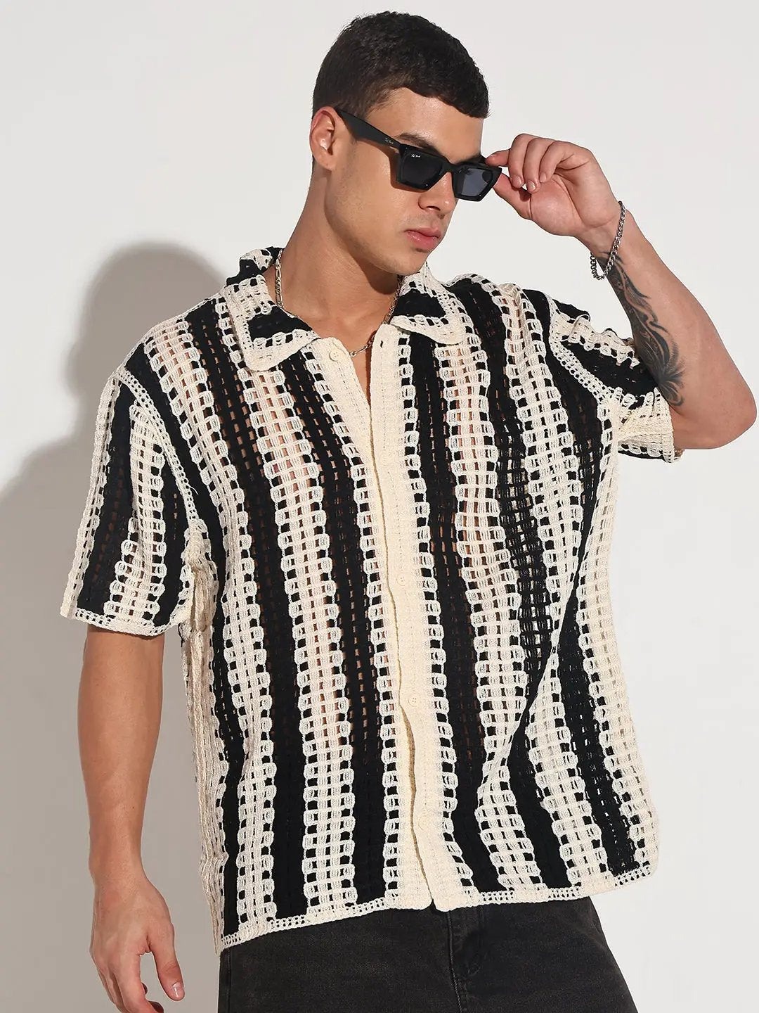Men's Striped Black Crochet Open Knit Short Sleeve Shirt