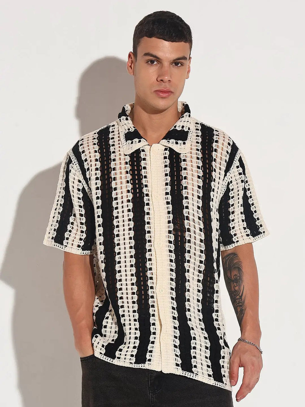 Men's Striped Black Crochet Open Knit Short Sleeve Shirt