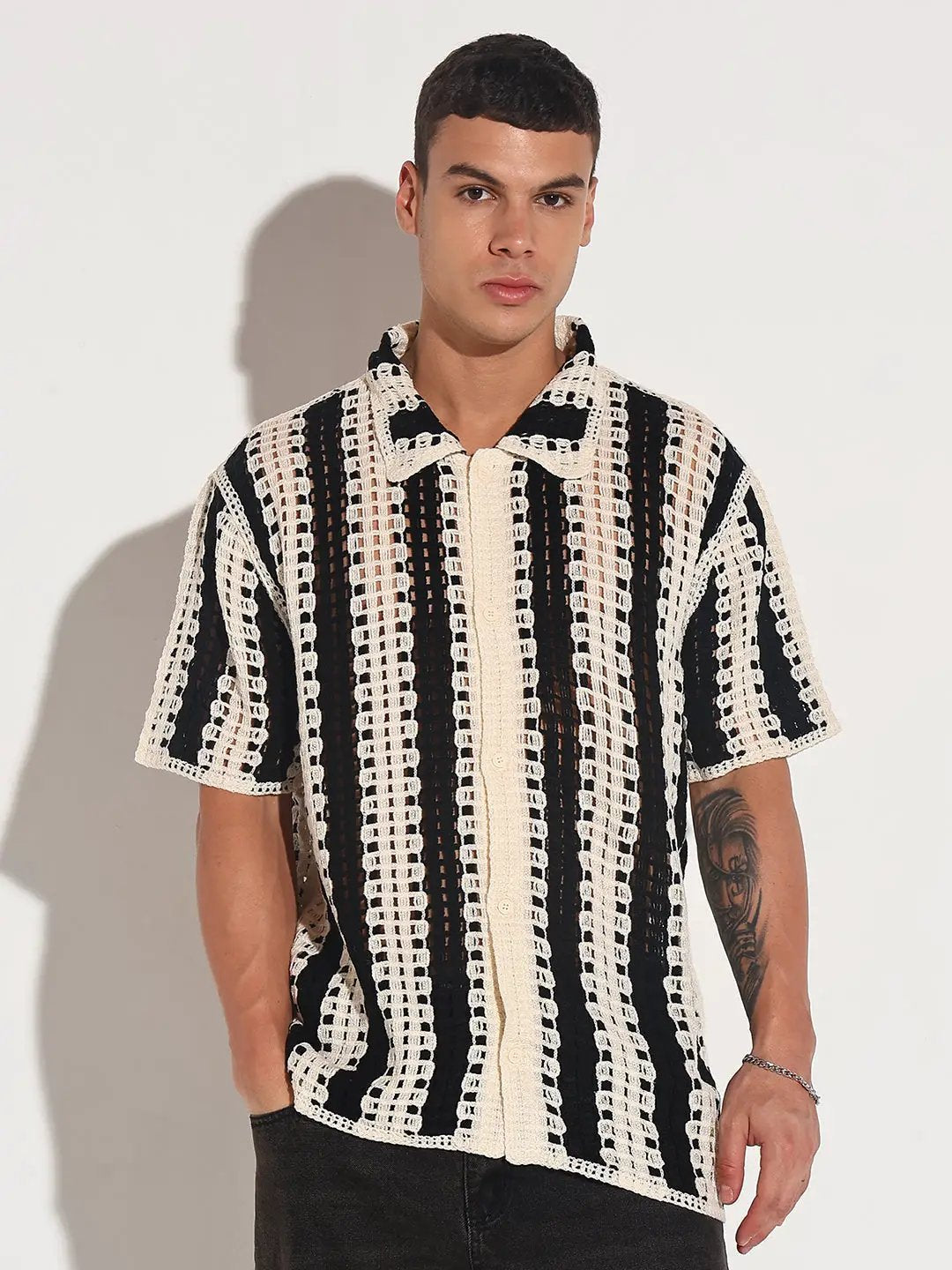 Men's Striped Black Crochet Open Knit Short Sleeve Shirt