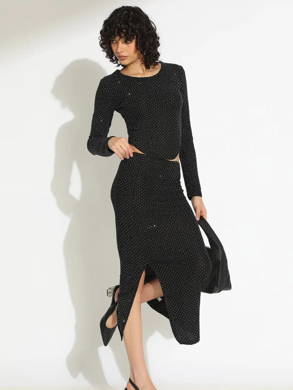 Women's Embellished Black Long Sleeve Top and Slit Skirt Co-Ord Set