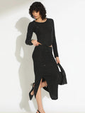 Women's Embellished Black Long Sleeve Top and Slit Skirt Co-Ord Set