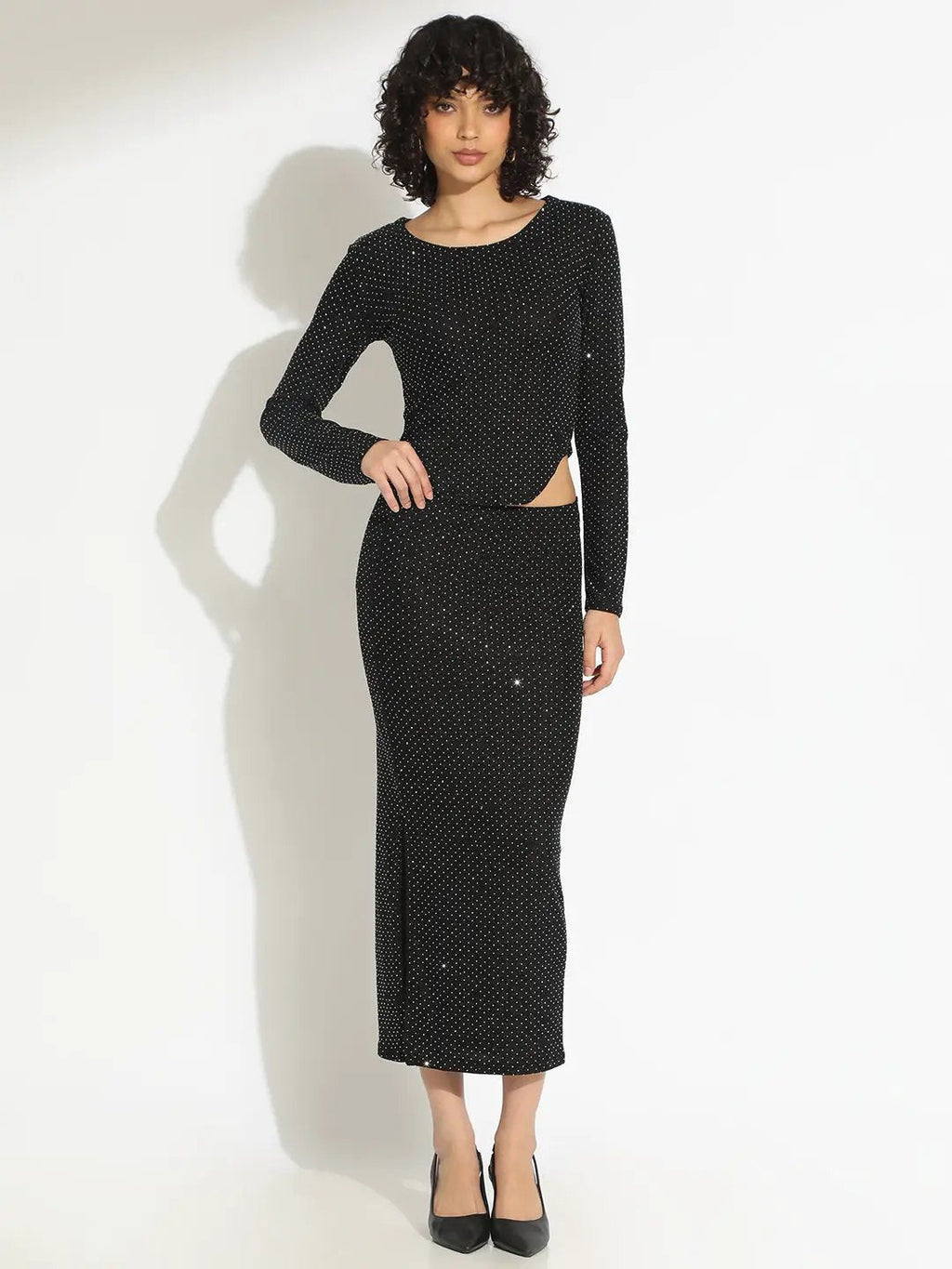 Women's Embellished Black Long Sleeve Top and Slit Skirt Co-Ord Set