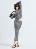 Women's Embellished Grey Long Sleeve Top and Slit Skirt Co-Ord Set
