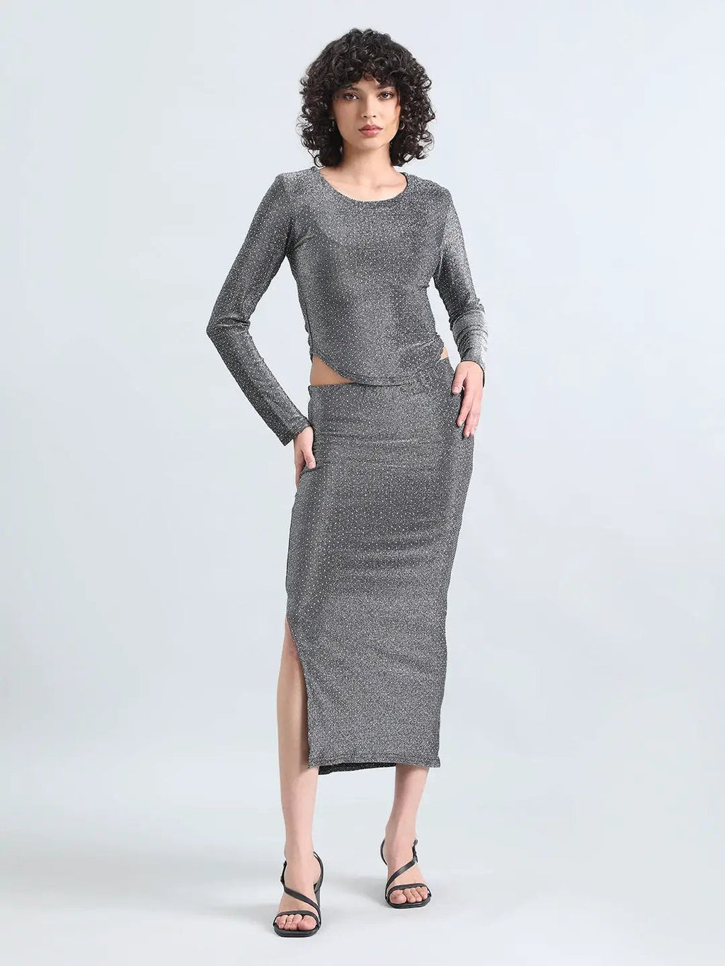 Women's Embellished Grey Long Sleeve Top and Slit Skirt Co-Ord Set