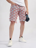Men's Blue Regular Fit Distressed Denim Shorts with Red Detailing