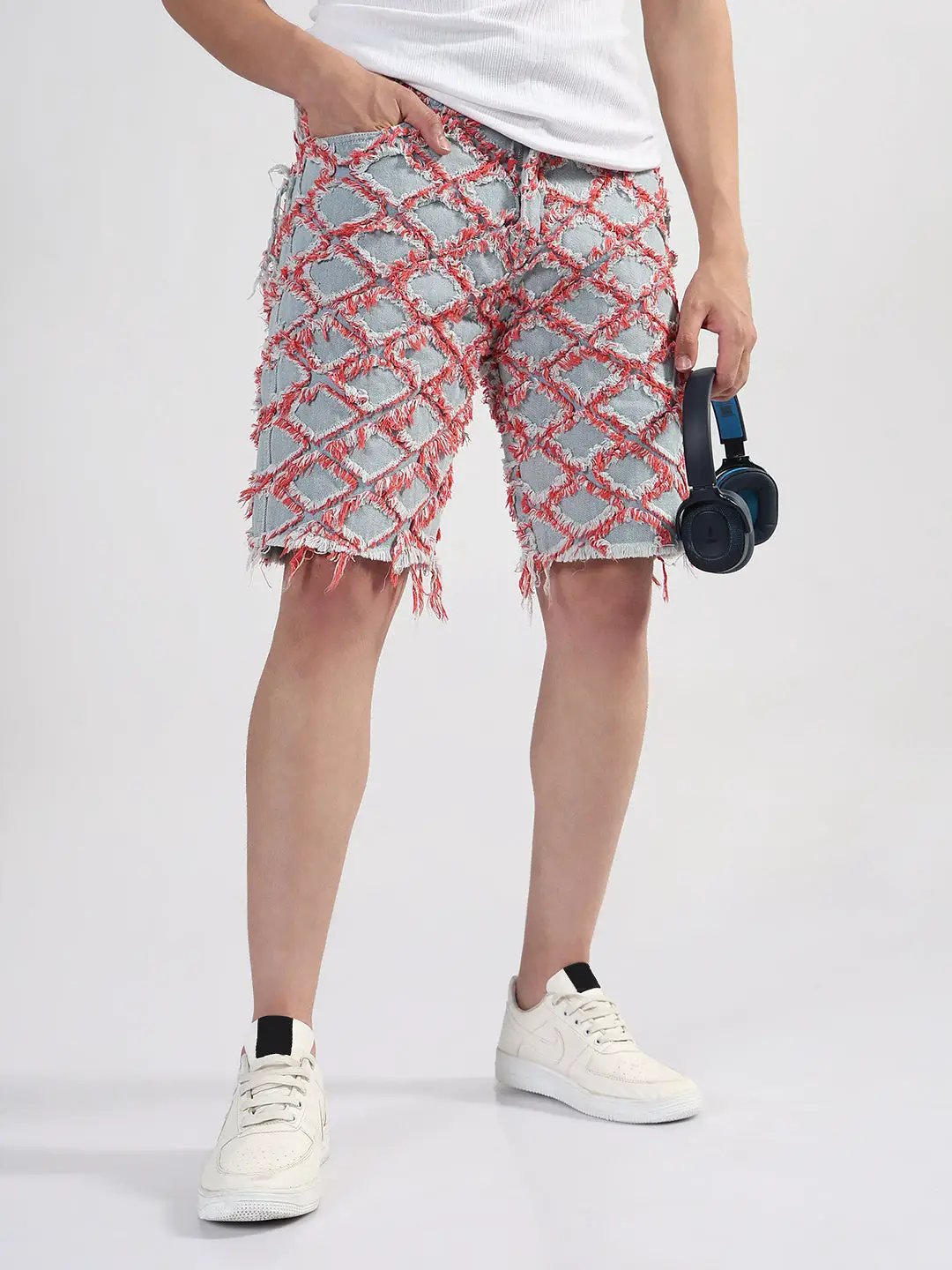 Men's Blue Regular Fit Distressed Denim Shorts with Red Detailing