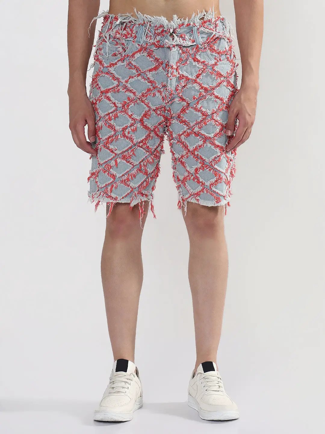 Men's Blue Regular Fit Distressed Denim Shorts with Red Detailing