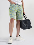 Men's Blue Regular Fit Distressed Denim Shorts with Yellow Detailing