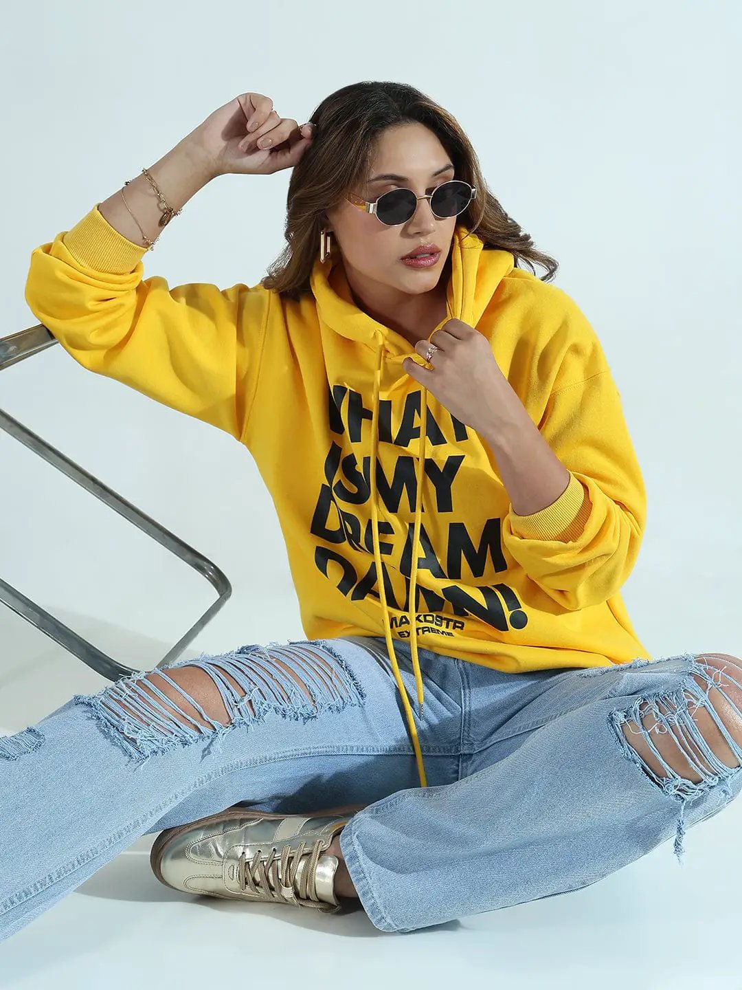 Women's Typography Printed Yellow Oversized Hoodie