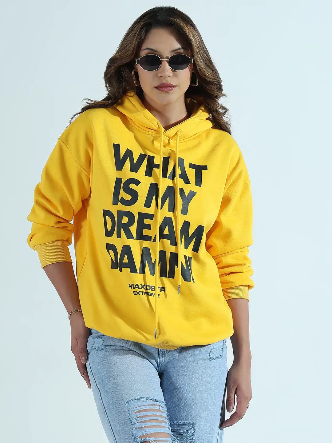 Women's Typography Printed Yellow Oversized Hoodie